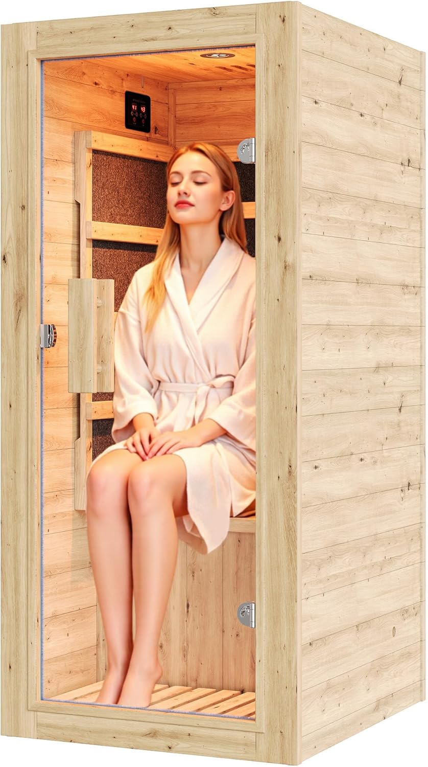 Jocisland 1 Person Infrared Sauna – 746W/110V Red Light, Pre-Warms to 149℉ in 15 Minutes, 106lbs Lightweight Spruce Wood Infrared saunas, Compact Dry Sauna for Home Spa  Apartments