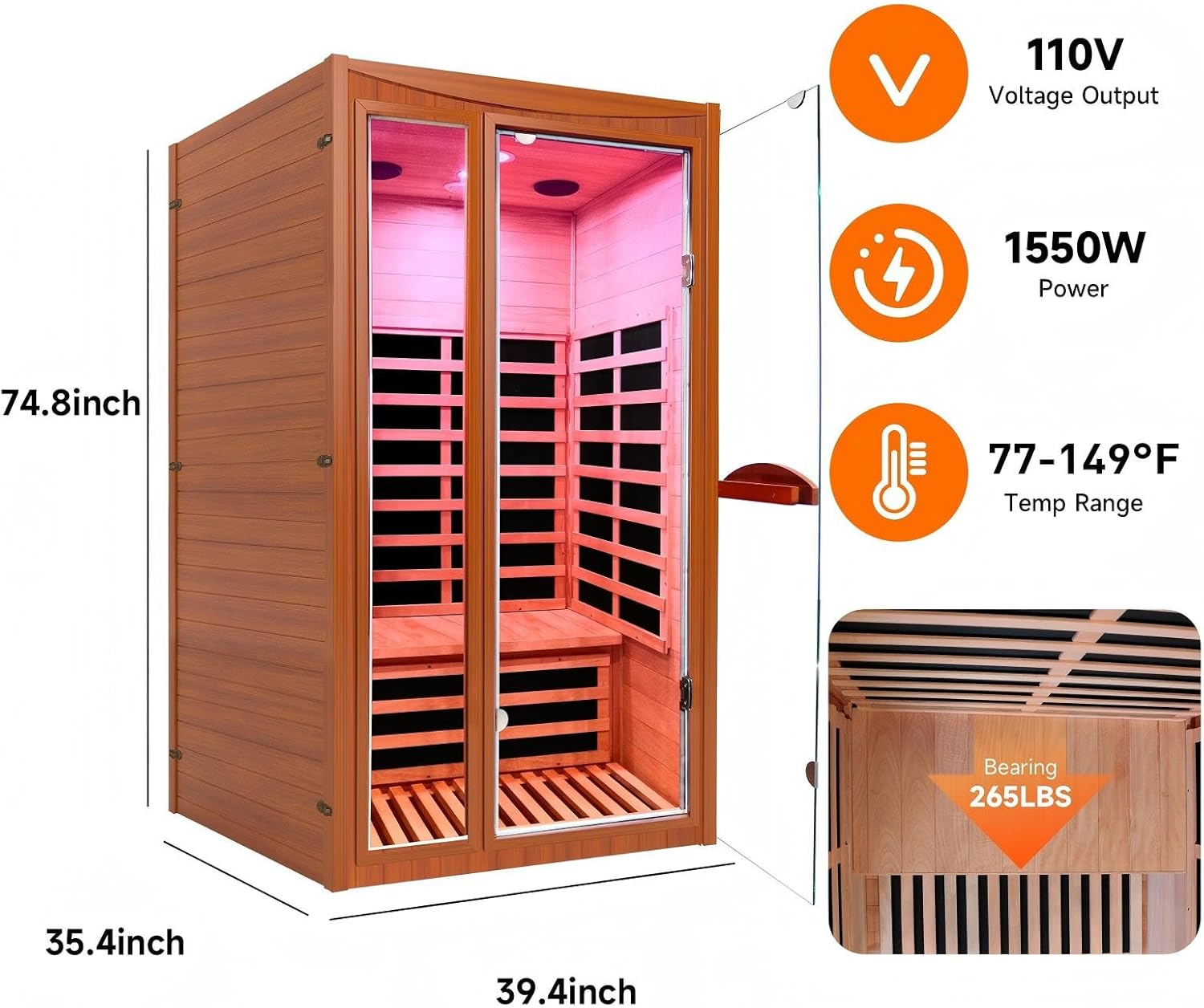 Lamar Far Infrared Sauna with Red Light Therapy, Low EMF Personal Home Sauna, Canadian Hemlock, 10-Color Light Therapy, Bluetooth Speakers - Indoor Luxury Spa for House and Gym
