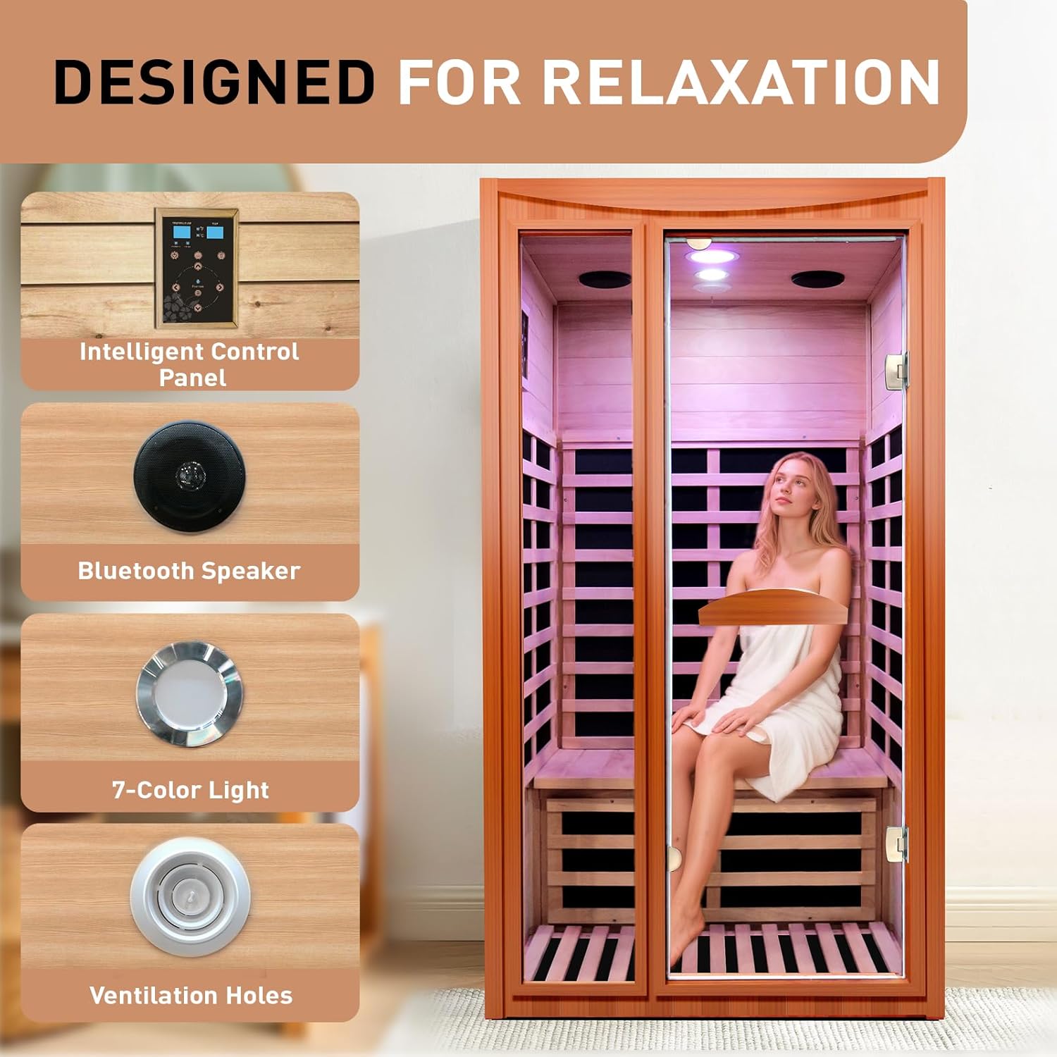 Lamar Far Infrared Sauna with Red Light Therapy, Low EMF Personal Home Sauna, Canadian Hemlock, 10-Color Light Therapy, Bluetooth Speakers - Indoor Luxury Spa for House and Gym