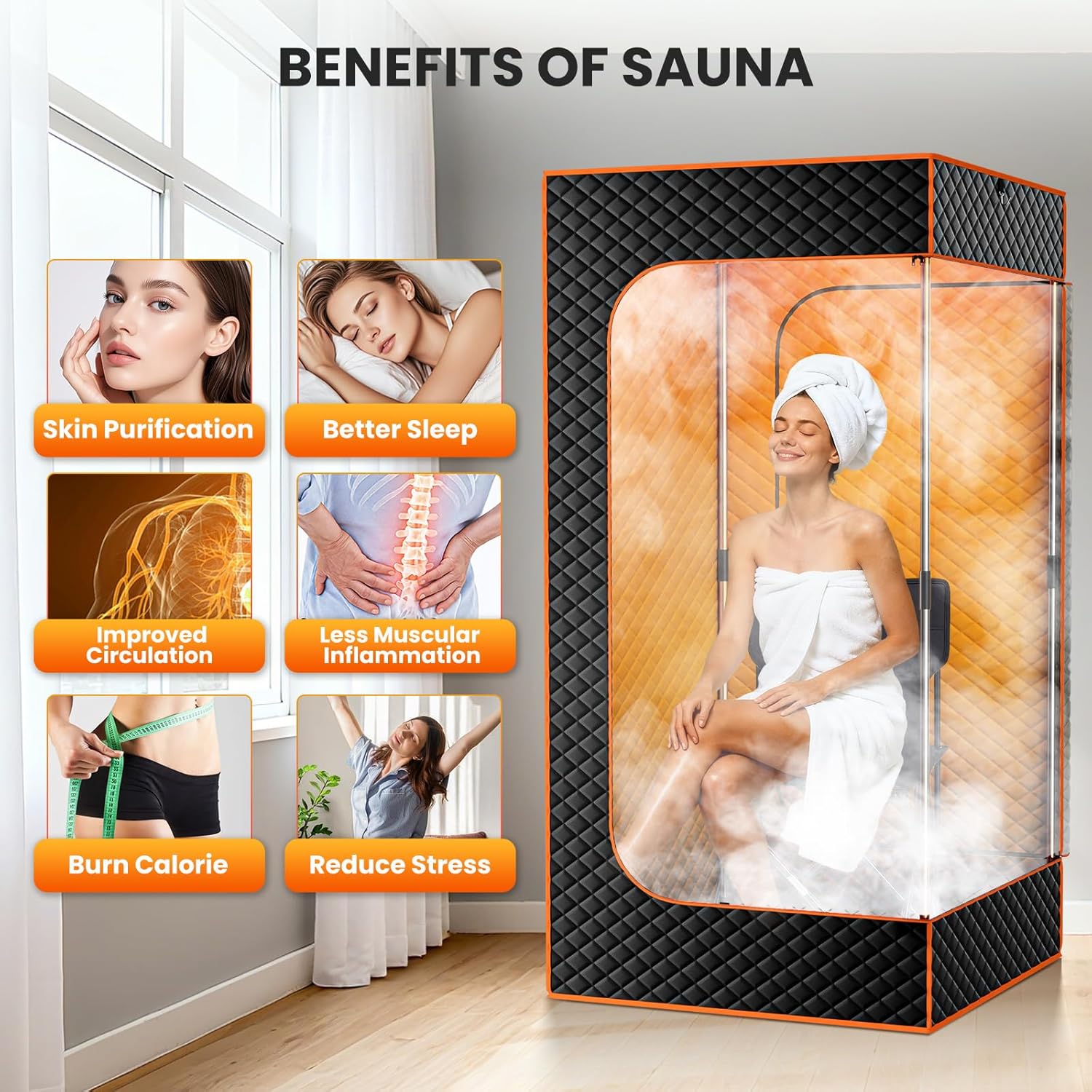 LILYPELLE Sauna Box, 1 Person Large Portable Steam Sauna for Home with 3L/1200W Steamer and Folding Chair, 71 H X 35 L Heated Insulation Saunas Tent for Relaxation (1 Window)