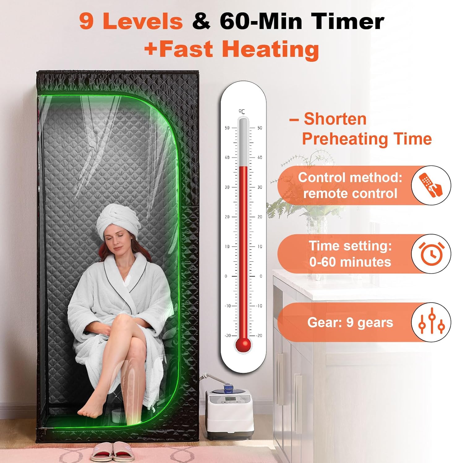 Portable Full-Body Steam Sauna Tent for Home – Large Indoor Personal Sauna with 15 Heat Levels, 3L Steamer, Remote, Foldable Chair and Transparent Window (Transparent Door, Black)