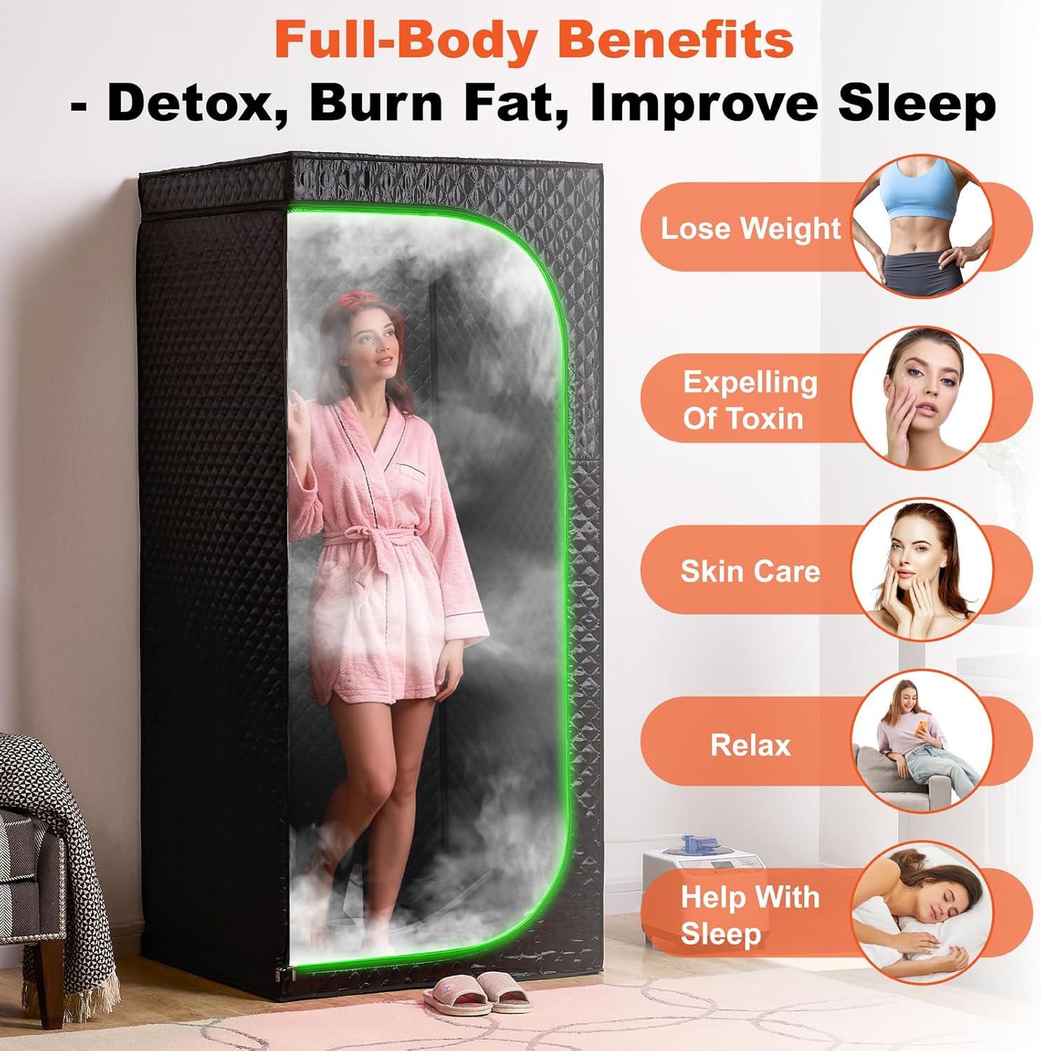 Portable Full-Body Steam Sauna Tent for Home – Large Indoor Personal Sauna with 15 Heat Levels, 3L Steamer, Remote, Foldable Chair and Transparent Window (Transparent Door, Black)