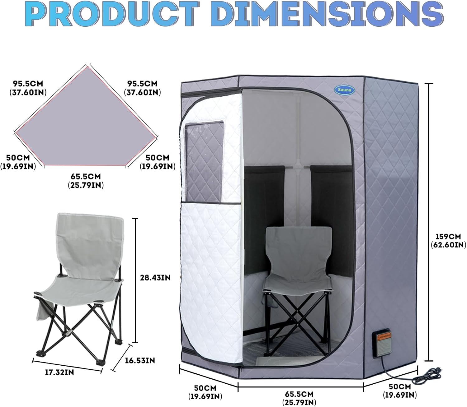 Portable Full Size Infrared Sauna for Home,Pentagonal Size Far Infrared Sauna,One Person Sauna Tent with Heating Foot Pad, Portable Chair, (L38 x W38 x H63, Grey)