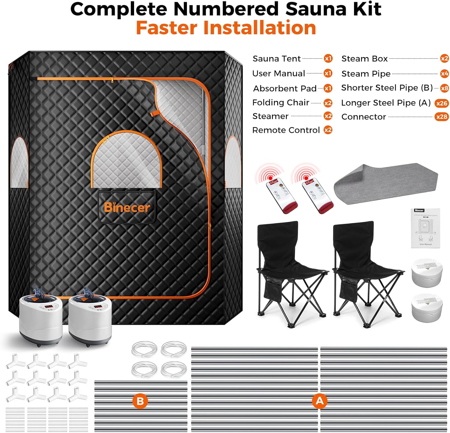 Portable Sauna Box, 2 Person Portable Steam Sauna for Home, Large Sauna Tent with 2 Steamer, Folding Chair for Relaxation-Black