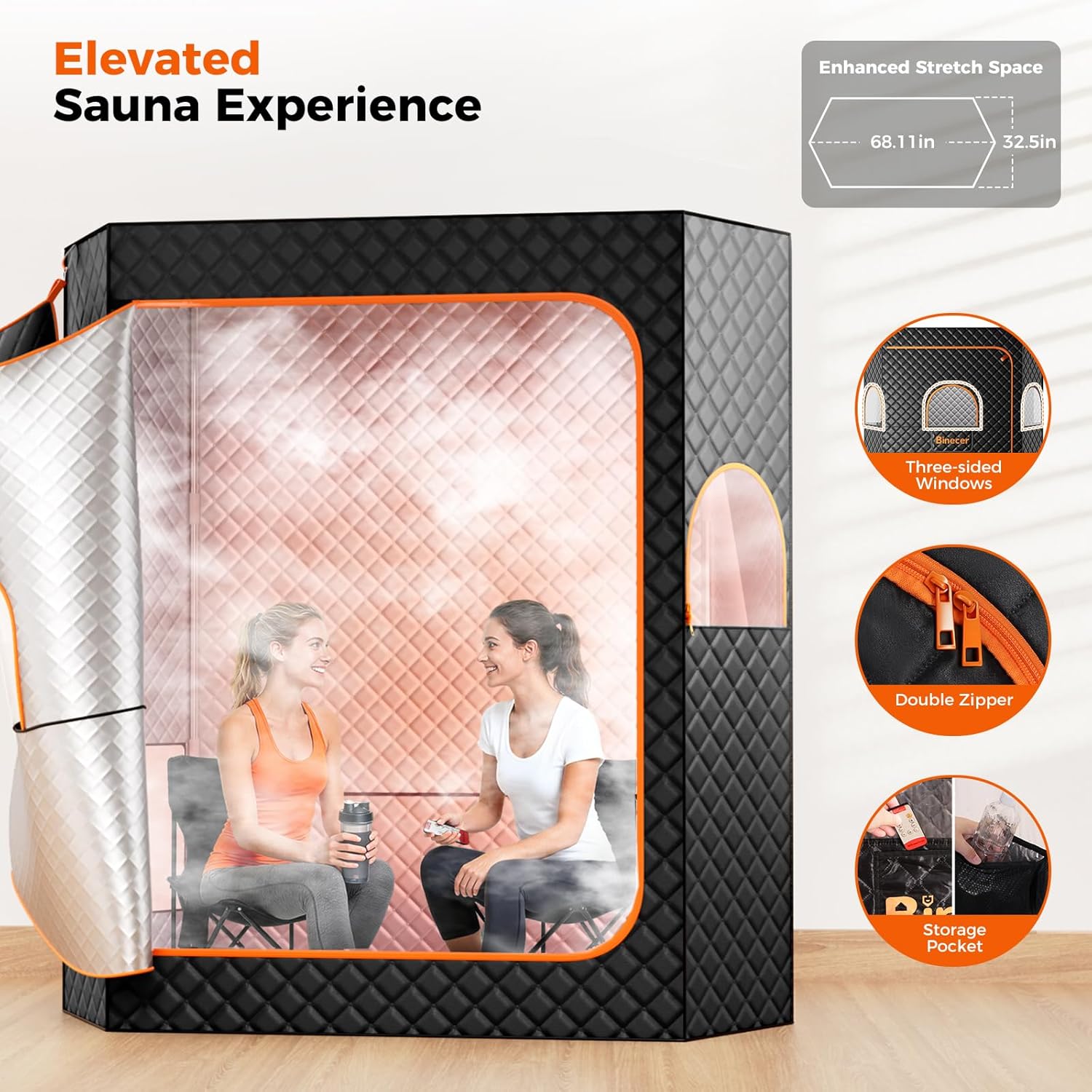 Portable Sauna Box, 2 Person Portable Steam Sauna for Home, Large Sauna Tent with 2 Steamer, Folding Chair for Relaxation-Black