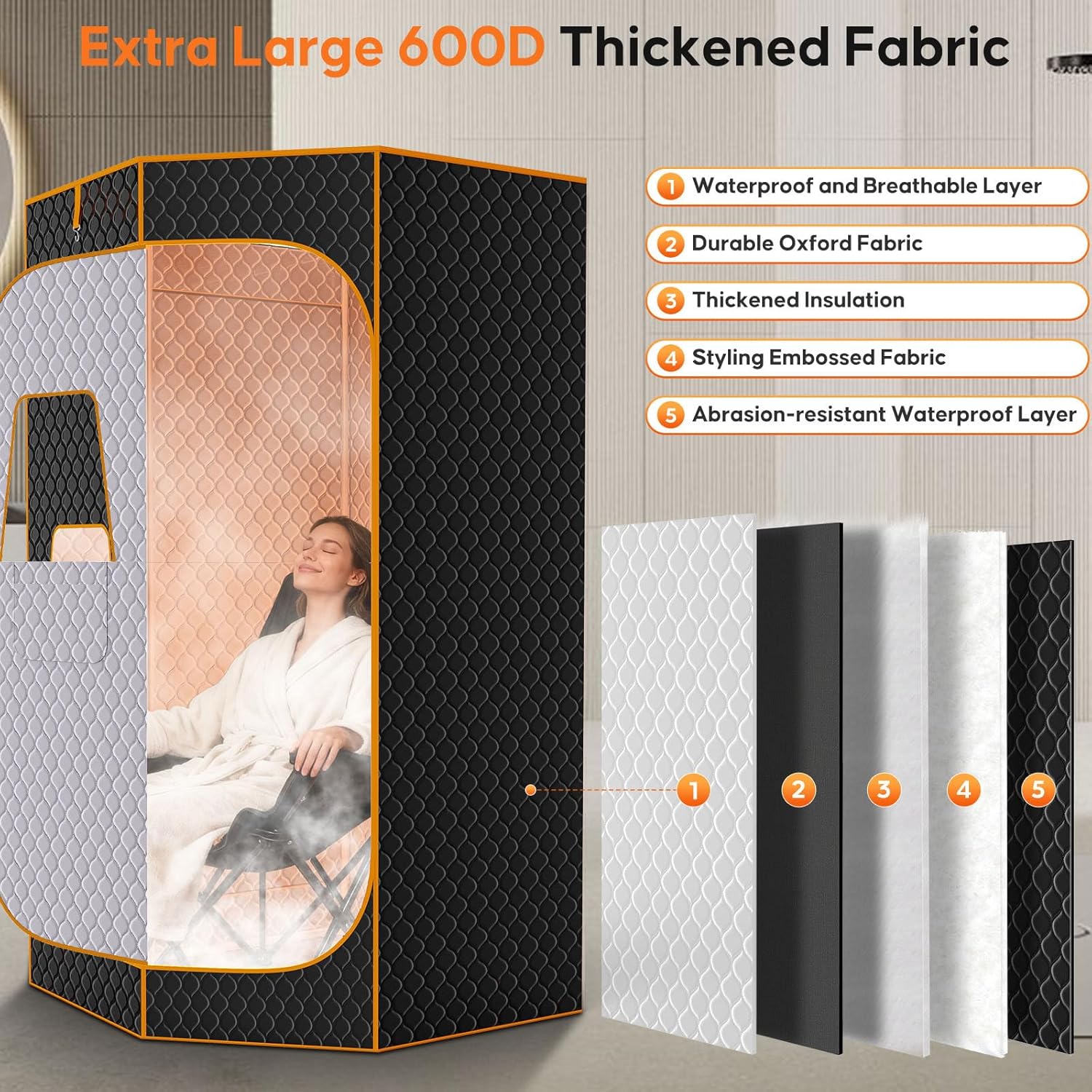 Portable Sauna for Home, Extra Large Sauna Box, Thickened 600D Thermal Sauna Tent, 3L 1500W Steamer, 9 Levels Heat, 99 Mins Timer, 450LBS Folding Chair, Black