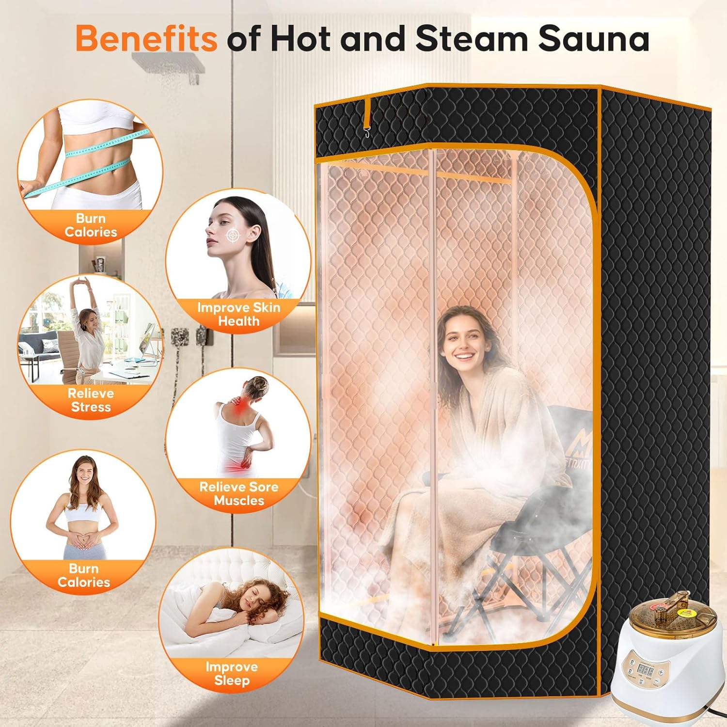 Portable Sauna for Home, Extra Large Sauna Box, Thickened 600D Thermal Sauna Tent, 3L 1500W Steamer, 9 Levels Heat, 99 Mins Timer, 450LBS Folding Chair, Black