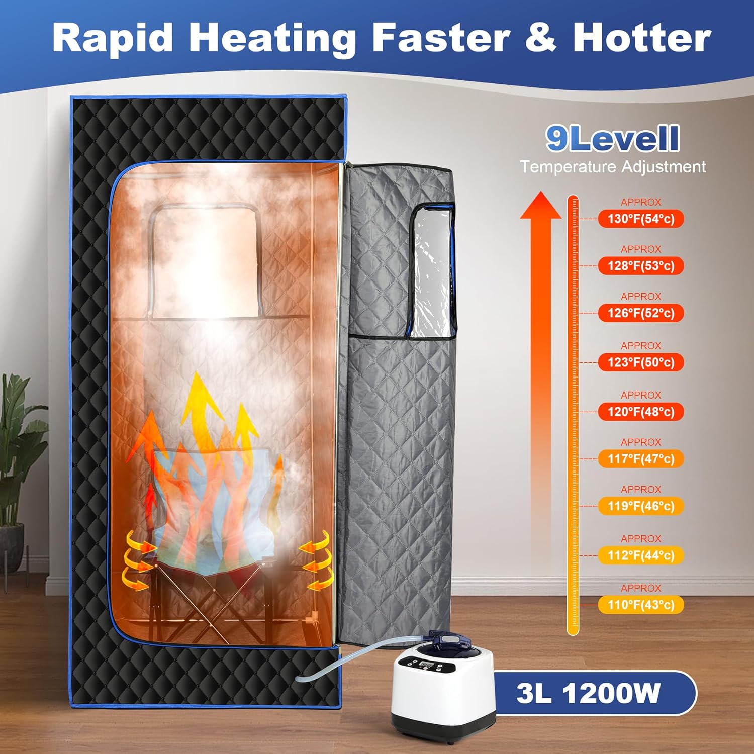 Portable Sauna - Sauna Steamer Machine for Home with 3L 1200W Steamer, 9 Levels, 5-Layer Thermal Insulation Tent with 3 Windows, Personal Sauna for Home, Pop up Sauna Box 2.6 x 2.6 x 5.9