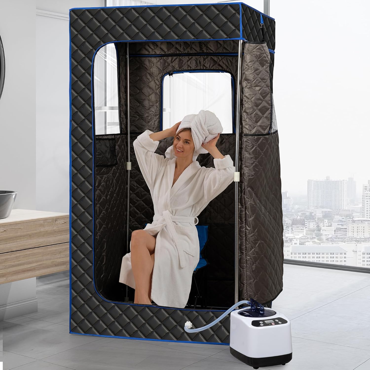 Portable Steam Sauna, Full Size Portable Sauna for Home, Sauna Tent Sauna Box with 3.0L Steamer, Remote Control, Folding Chair, 9 Levels
