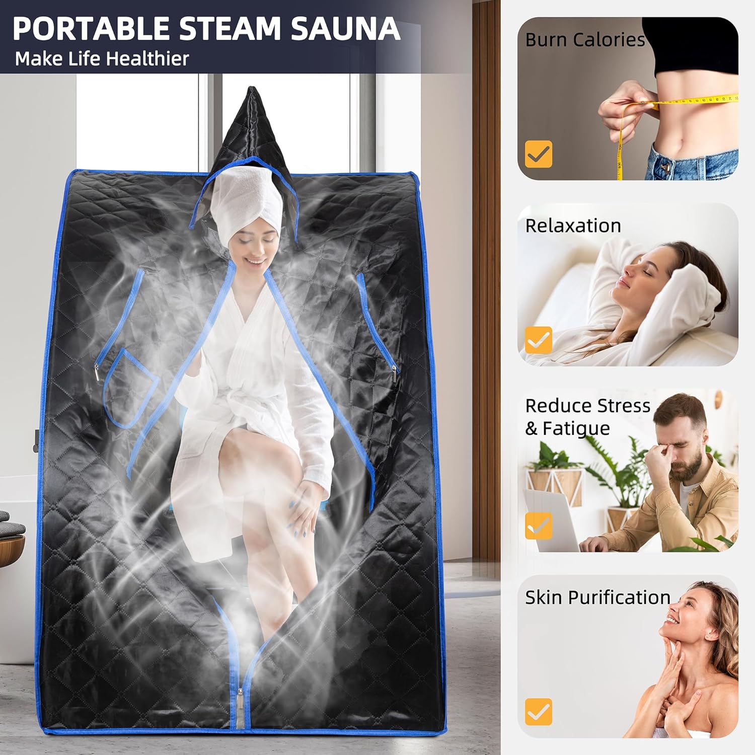 Portable Steam Sauna, Full Size Portable Sauna for Home, Sauna Tent Sauna Box with 3.0L Steamer, Remote Control, Folding Chair, 9 Levels