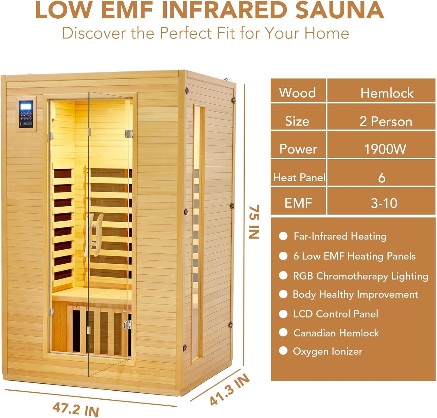 Premium 2 Person Sauna with 6 Heating Plate Infrared Physical Therapy, Wooden Dry Steam Sauna, Low EMF, MP3 Auxiliary Connection, Dual Controls Inside and Outside Fits, Home Spa