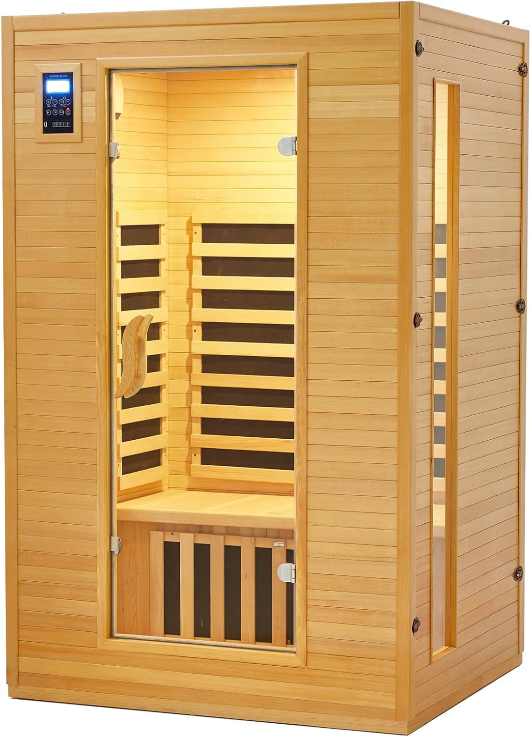 Premium 2 Person Sauna with 6 Heating Plate Infrared Physical Therapy, Wooden Dry Steam Sauna, Low EMF, MP3 Auxiliary Connection, Dual Controls Inside and Outside Fits, Home Spa