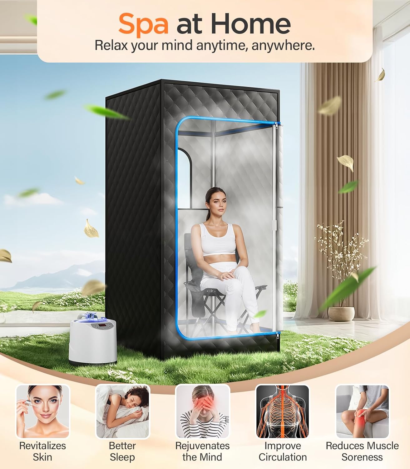 Sauna Box, Portable Sauna for Home, Personal Steam Sauna Tent with 1200W 3L Steamer Heater, 15 Levels, Remote Control, Foldable Chair, Cozy Size 36 * 36 * 71 inch-Blue