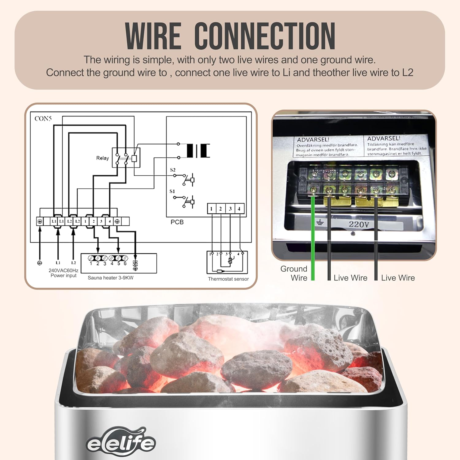 Sauna Heater, 9KW 220V Electric Sauna Stove, Steam Bath Sauna Heater with External Digital Controller, Home Hotel Spa Shower All stainless steel body(External Controller Gift: Heating tube)