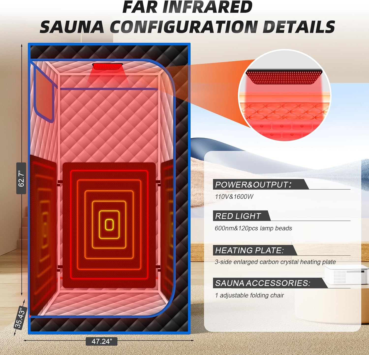 Smartmak Portable Infrared Sauna,1 Person Infrared Sauna Box with 660nm Red Light Therapy, Full Size Sauna Tent for Home, Foot Heating Pad, Folding Chair (Orange-1Person)