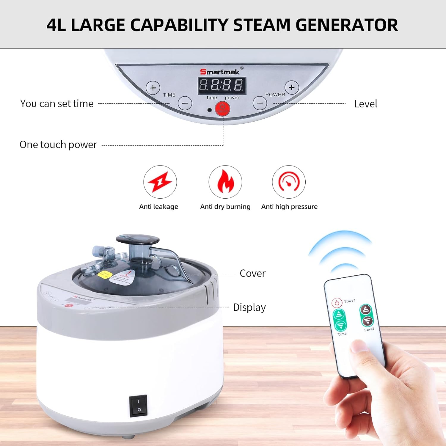 Smartmak Sauna Steamer, Portable 4L Upgraded 1500W Steam Pot Generator with Remote Control, Spa Machine with 99 Minutes Timer Display, Herbal Box for Body Detox, 110V US Plug