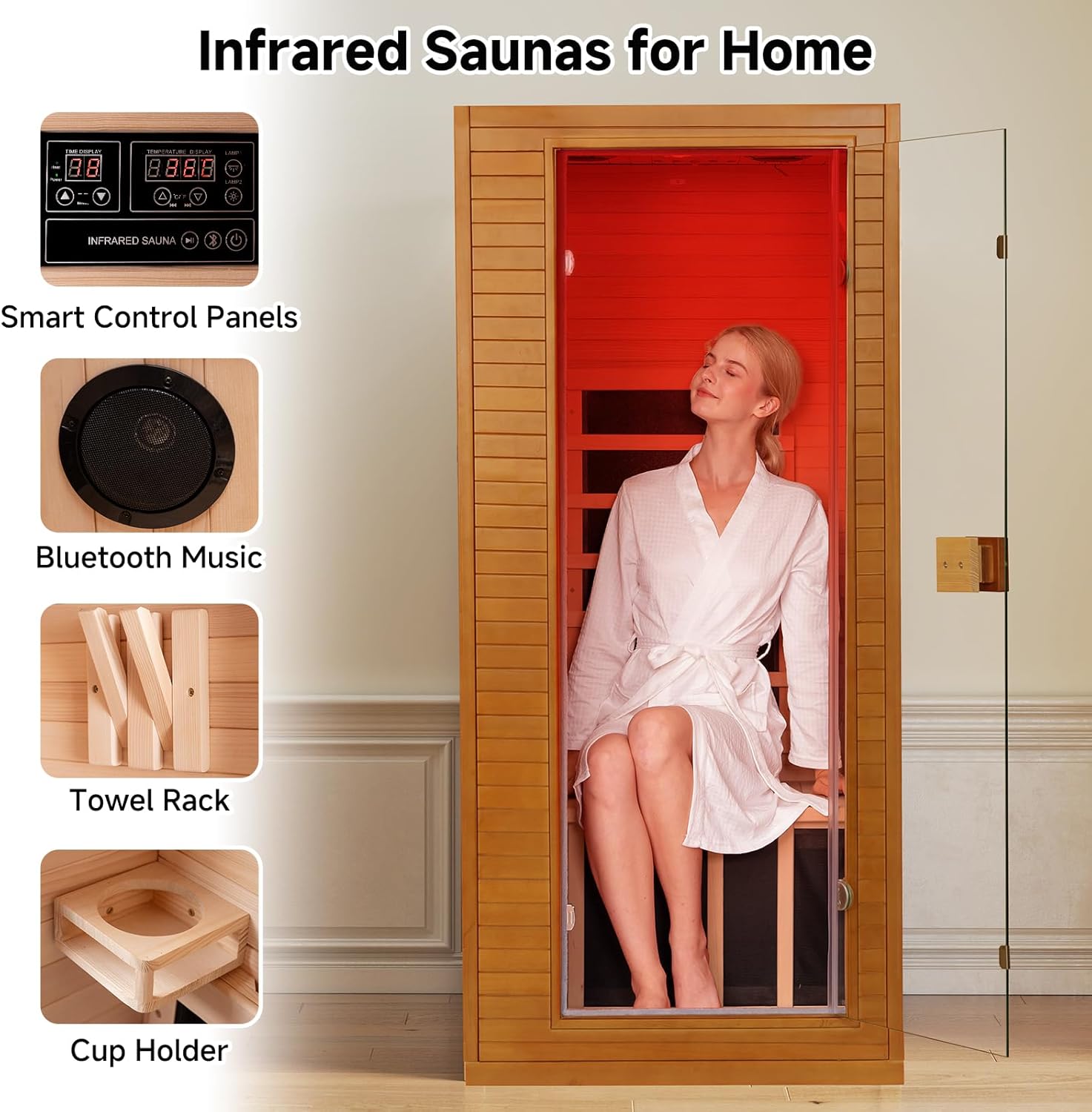 springspa Infrared Sauna for Home, 1 Person Home Sauna with Red Light Therapy, Canadian Hemlock Wooden Dry Saunas Room with Bluetooth Speakers, 1178 W/120V, 15 Minutes Pre-Warm up