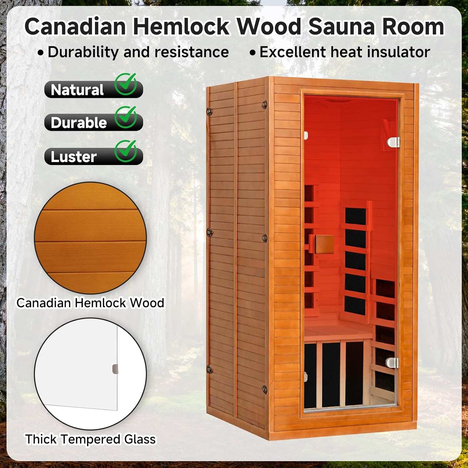 springspa Infrared Sauna for Home, 1 Person Home Sauna with Red Light Therapy, Canadian Hemlock Wooden Dry Saunas Room with Bluetooth Speakers, 1178 W/120V, 15 Minutes Pre-Warm up