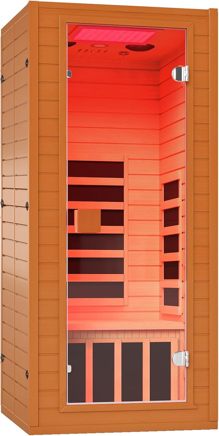 springspa Infrared Sauna for Home, 1 Person Home Sauna with Red Light Therapy, Canadian Hemlock Wooden Dry Saunas Room with Bluetooth Speakers, 1178 W/120V, 15 Minutes Pre-Warm up