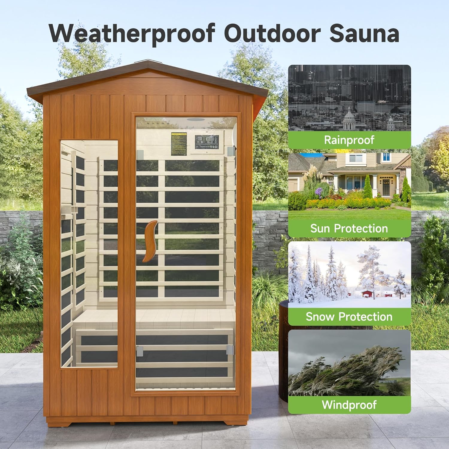 Springspa Outdoor Sauna 4 Person, Infrared Sauna for Home, Wooden Outdoor Saunas Room, 3400 Low EMF Far Infrared with Bluetooth, LCD Panel, 7 Color Chromotherapy Lamp, Reading Lamp