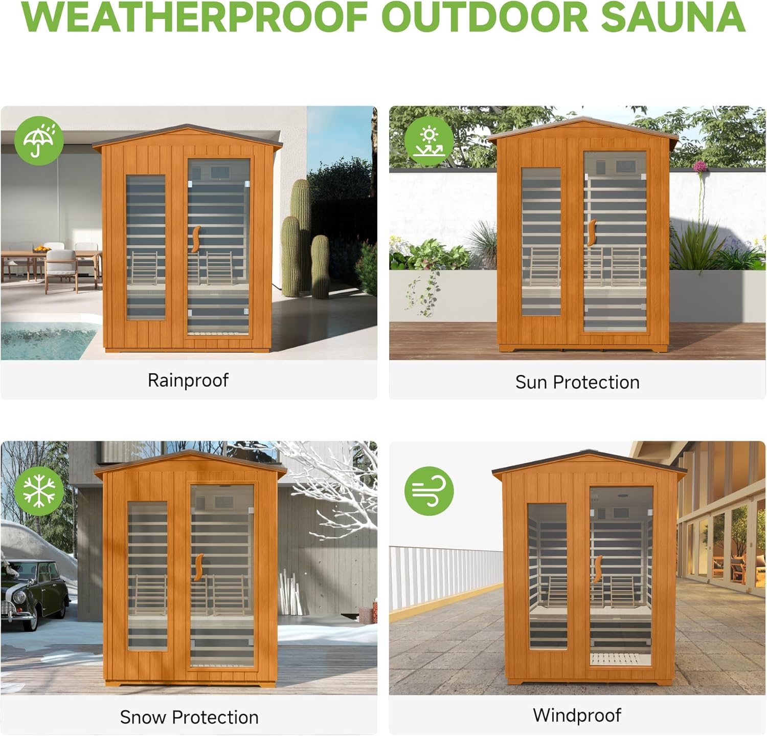 Springspa Outdoor Sauna 4 Person, Infrared Sauna for Home, Wooden Outdoor Saunas Room, 3400 Low EMF Far Infrared with Bluetooth, LCD Panel, 7 Color Chromotherapy Lamp, Reading Lamp