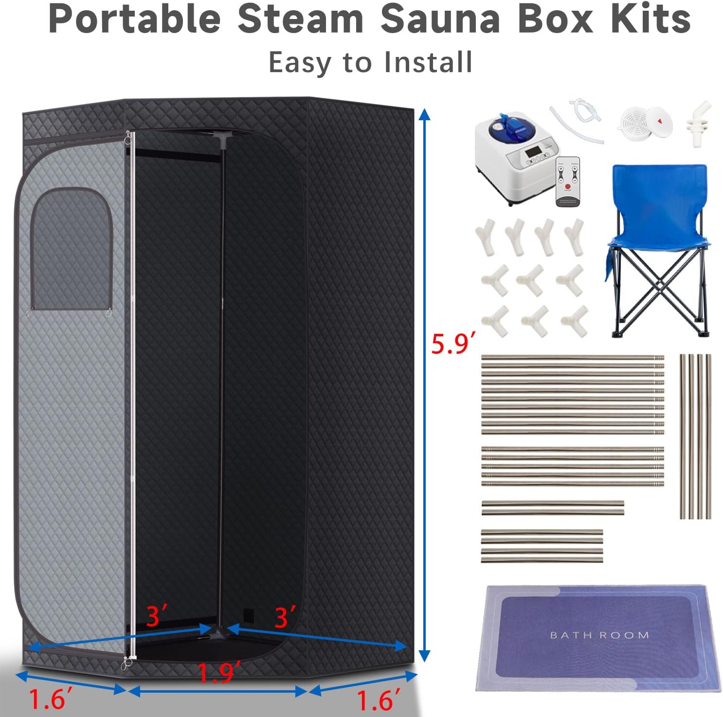 Steam Sauna Box, Portable Sauna for Home with 3L Steamer, Remote Control, Folding Chair and Mat,Indoor Sauna Tent for Detoxification, Relaxation