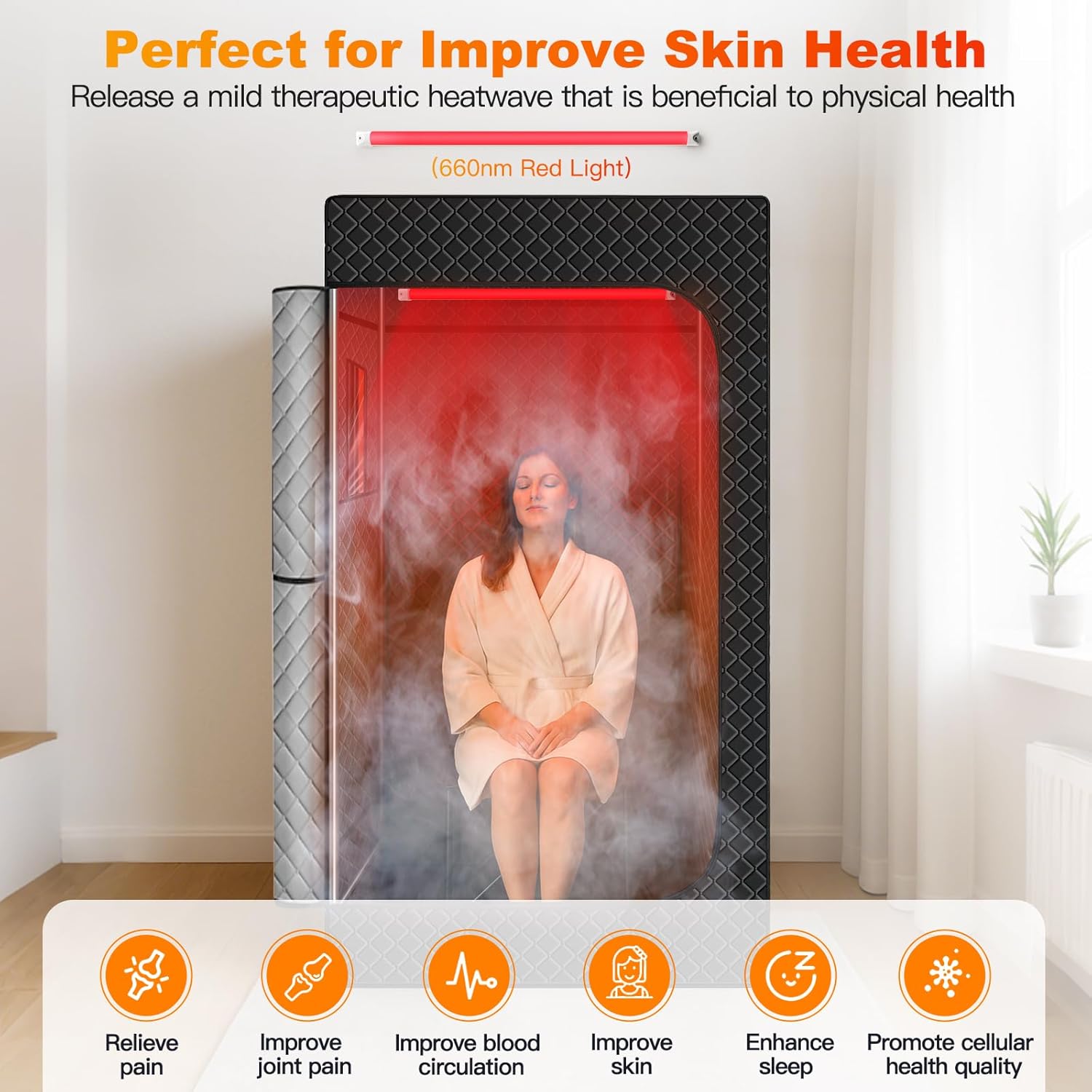 WELLEVER Infrared Home Steam Sauna Box, Portable Personal Full Body Sauna Spa Tent at Home for Relaxation with Red Light Therapy Lamp, 3L Steamer, Folding Chair