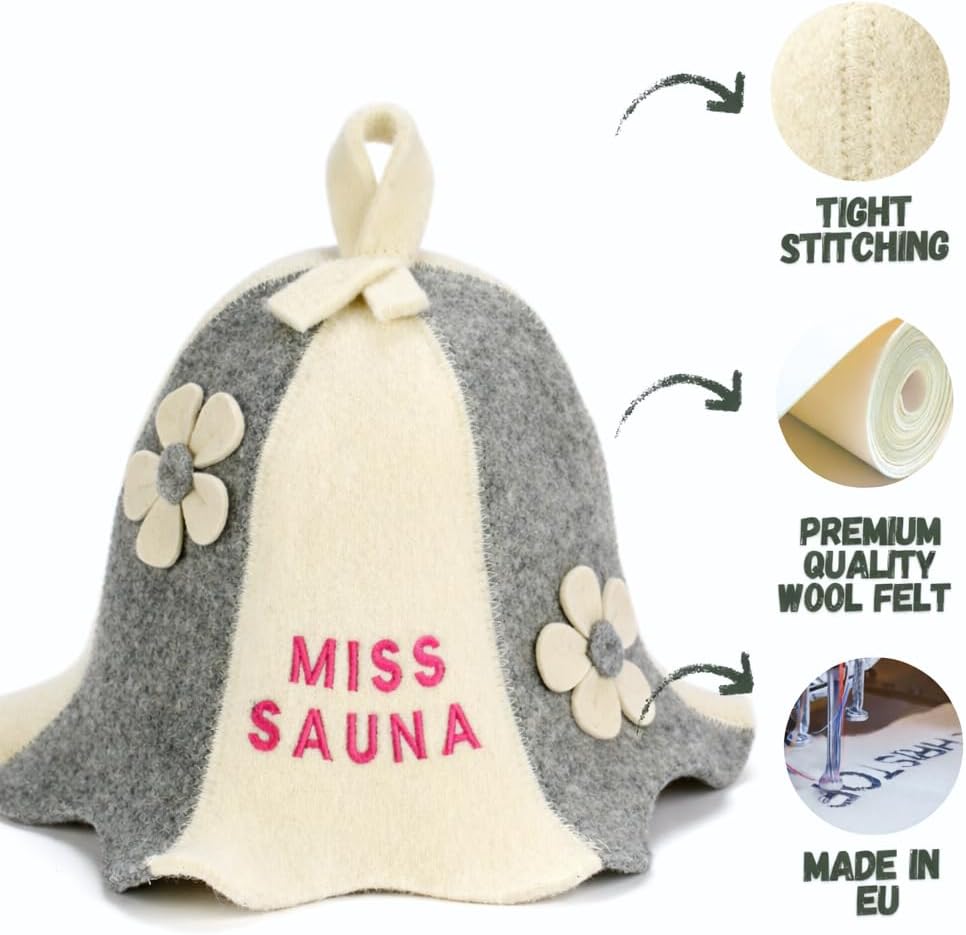 Sauna Hat 'Miss Sauna Flowers' White/Grey - 100% Organic Wool Felt Hats for Russian Banya - Protect Your Head from Heat