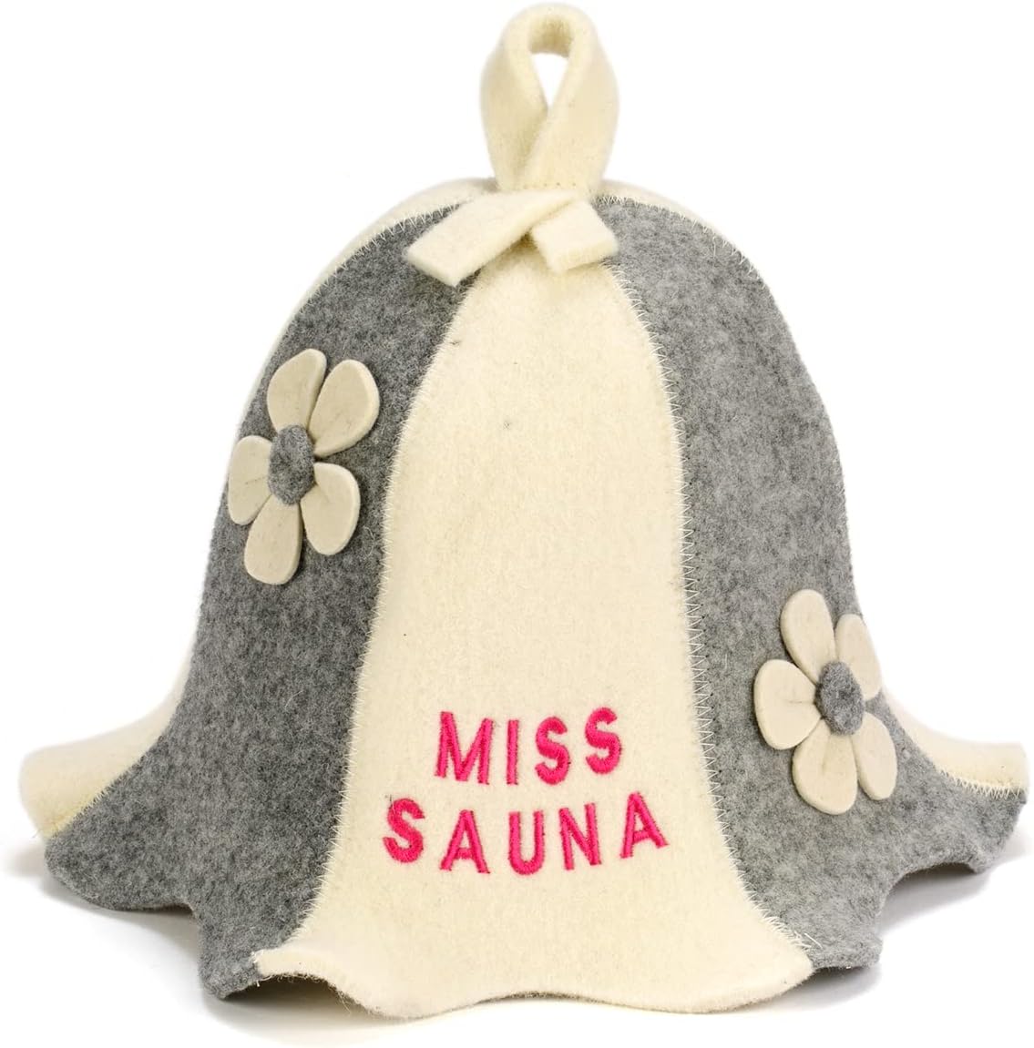 Sauna Hat 'Miss Sauna Flowers' White/Grey - 100% Organic Wool Felt Hats for Russian Banya - Protect Your Head from Heat