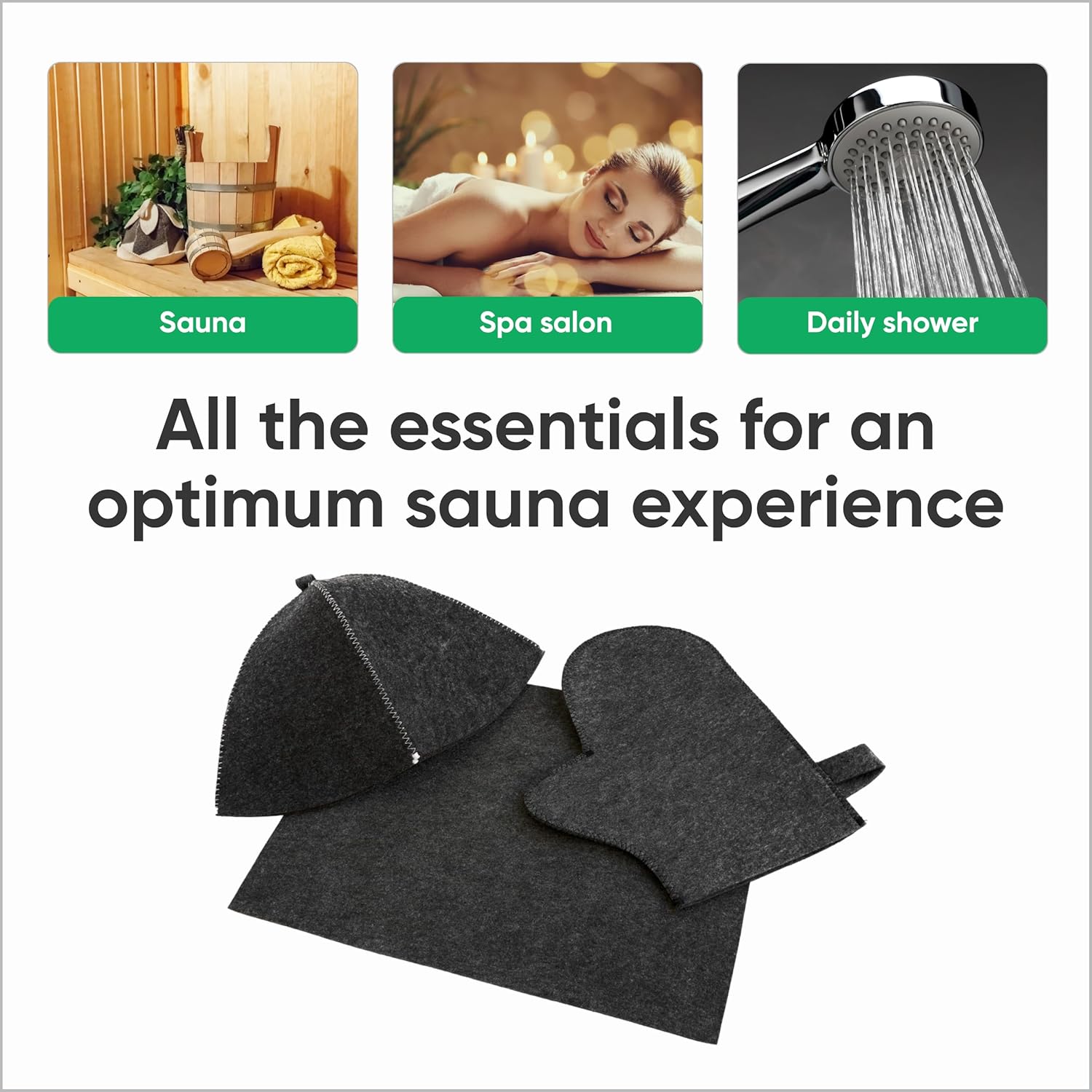 Sauna Accessories Set of 3 – Banya Mat & Banya Hat & Sauna Mitten for Women/Men, Heat Resistant Cloth
