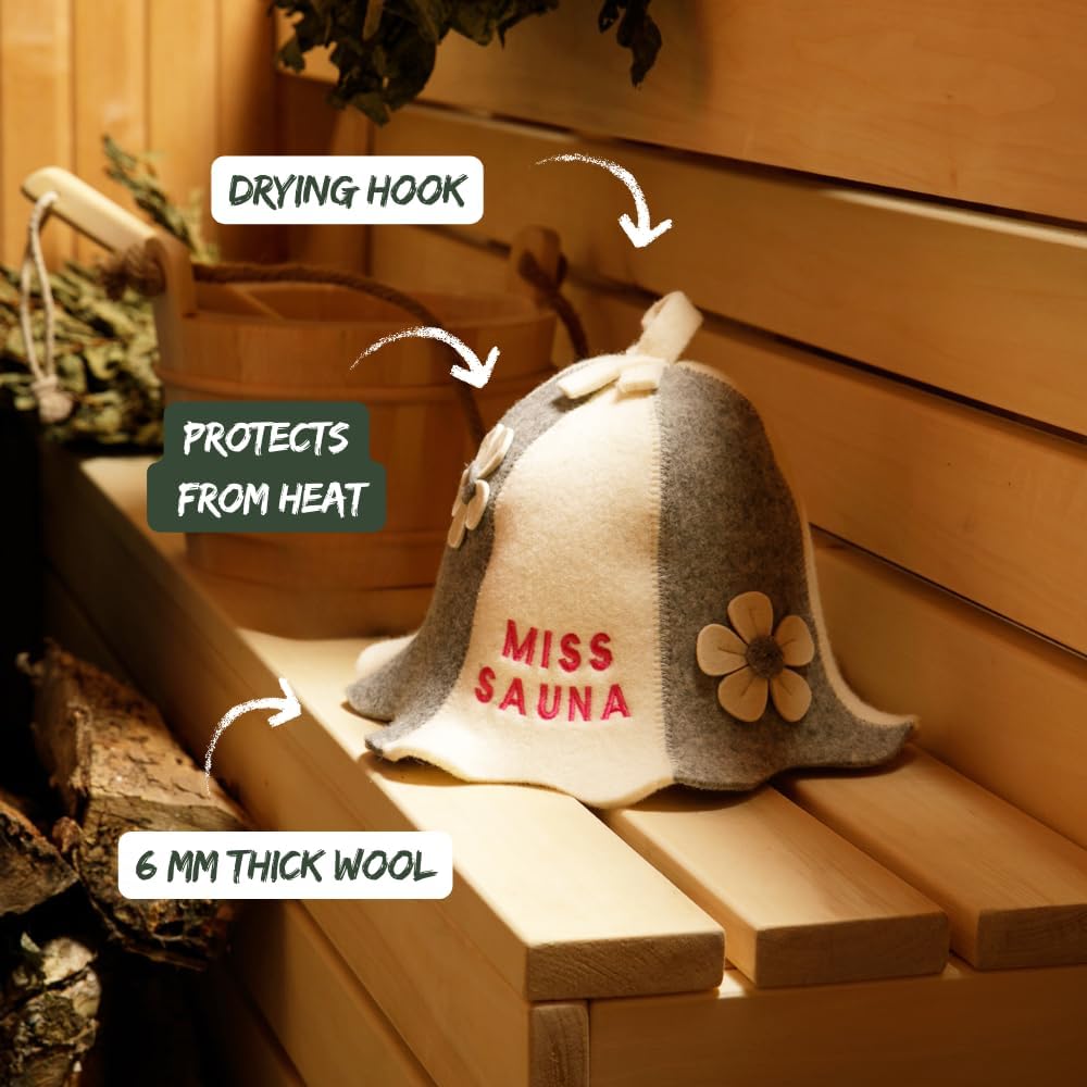 Sauna Hat ‘Miss Sauna Flowers’ White/Grey – 100% Organic Wool Felt Hats for Russian Banya – Protect Your Head from Heat – Sauna eBook Guide Included – with Embroidery review